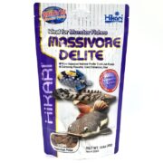 The HIKARI MASSIVORE DELITE 13.4 oz package is perfect for monster fish, featuring vibrant fish images and a protein-rich formula with balanced nutrients, offering more calories than ten goldfish—ideal for aquatic giants.