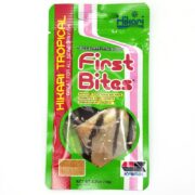 The green and pink HIKARI FIRST BITES 0.35 OZ (10G) package includes a formula promoting nutritional balance and rapid growth with semi-buoyant granules ideal for your fish.
