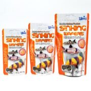 Three orange and white packages of HIKARI SINKING WAFER are displayed, each featuring fish images to emphasize suitability for bottom feeders. They come in different sizes to meet your aquatic needs.