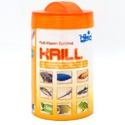 A HIKARI FREEZE DRIED KRILL container with an orange lid features images of fish and frogs. The label promotes its multi-vitamin benefits for tropical and marine pets, offering reduced sodium content for better taste.