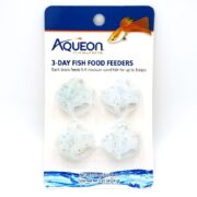 AQUEON 3 DAY FISH FEEDER 4 PK includes four blocks for feeding 5-6 medium fish for up to three days each, with a total weight of 0.85 oz (24 g) and packaging featuring a fish image.