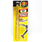 The ZOO MED FEEDING TONGS STAINLESS STEEL packaging features a yellow honeycomb design with images of a snake and frog being fed, emphasizing its use for reptiles and similar animals. Ideal for Zoo Med enthusiasts seeking quality feeding tools.
