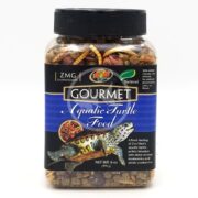 Zoo Med Gourmet Aquatic Turtle Food 6 oz (170g) jar blends pellets, dried shrimp, mealworms, and cranberries, with a label highlighting natural ingredients and no artificial colors or flavors alongside a turtle image. Ideal for aquatic turtles!.
