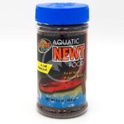 A 2 oz (56.6 g) jar of ZOO MED AQUATIC NEWT FOOD featuring a blue lid and a label with a newt image, stating A Soft Moist Diet for All Types of Aquatic Newts.