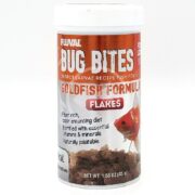 The FLUVAL BUG BITES GOLDFISH FLAKES 1.58 OZ container features a goldfish image and highlights benefits such as color enhancement, essential vitamins and minerals, natural palatability, and fiber-rich formula prominently on the label.
