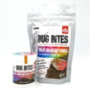The FLUVAL BUG BITES COLOR ENHANCING GRANULE MD LG container and bag, featuring vibrant fish packaging, highlight the color boosting formula for medium to large fish with insect larvae and salmon recipes.
