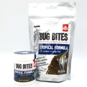 Two packages of FLUVAL BUG BITES TROPICAL GRANULES MD LG are displayed: a small container and a resealable bag. Both contain insect larvae and salmon for medium to large fish.