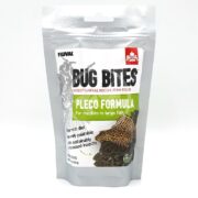 The silver pouch of FLUVAL BUG BITES PLECO SINKING STICKS MD LG 4.6 OZ (130 G) features sinking sticks for medium to large fish, with images of food pellets and a pleco illustration, proudly marked with a Canadian flag symbol.