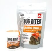 Two packages of FLUVAL BUG BITES GOLDFISH PELLETS MD LG are displayed: a cylindrical container and a resealable pouch, both featuring an image of a goldfish, designed for medium to large fish.