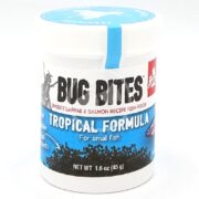 A white FLUVAL BUG BITES container, featuring a blue label that reads TROPICAL MICRO GRANULES SM, contains 1.6 oz (45 g) of fish food packed with insect larvae and salmon, designed for small fish. A fish illustration accentuates its tropical formula.