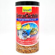 The TETRACICHLID FLOATING CICHLID STICKS 11.3 OZ (320G) features a vibrant red and blue label with fish images and the Tetra logo. Its Growth Formula provides a nutritionally balanced diet, perfect for medium to large Cichlids.