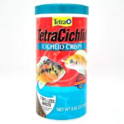 The TETRACICHLID CICHLID CRISPS container is cylindrical, with a vibrant red and blue label displaying colorful cichlid fish. It has an Advanced Formula reducing waste by 35% and weighs 8.82 oz (250g).