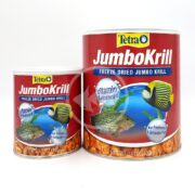 Two TETRA JUMBOKRILL containers in vibrant red packaging: one 3.5 oz, the other 14 oz. Both feature images of tropical fish and are suitable for freshwater and saltwater species, enhanced with vitamins to nourish your aquatic companions.
