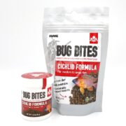 Two containers of FLUVAL BUG BITES CICHLID PELLETS are shown: a small white jar and a larger resealable pouch. Both display a colorful fish and the Fluval logo.