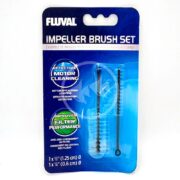 The FLUVAL IMPELLER BRUSH SET, in blue packaging, contains two black brushes designed for efficient motor cleaning and improved filter performance, making it essential for keeping your aquarium running smoothly.