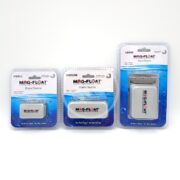 The MAG-FLOAT GLASS CLEANER comes in three sizes—small, medium, and large—neatly encased in plastic. Each has a white base with unique red and black logos. A sleek blue gradient at the bottom of each package contrasts against the crisp white background.