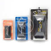 The FLIPPER MAGNET CLEANER comes in three sizes: nano (orange), standard (blue), and max (black). Each package displays the name and a silhouette logo, arranged from smallest to largest left to right.