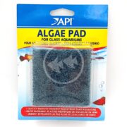 The API ALGAE PAD FOR GLASS aquarium packaging features a scrubber pad for quick algae removal, with fish and bubbles in the background. Text is available in English, French, and Spanish.