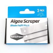 The SEACHEM ALGAE SCRAPER BLADE 3 PACK offers three blades in a stylish blue and white package, showcasing product images and the iconic Seachem logo to ensure your scraper remains effective.