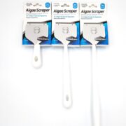Three SEACHEM ALGAE SCRAPER packages, featuring white handles and flat blades, are shown against a white background. The packaging highlights the 3-in-1 functionality for aquariums.