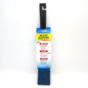 The API ALGAE SCRAPER FOR GLASS is showcased against a white backdrop, featuring a blue scraping edge with a black handle. Its packaging emphasizes the extra-long design, ideal for easy maintenance of clean aquarium surfaces.
