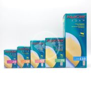 AQUACLEAR FILTER INSERT FOAM boxes are arranged by size, each marked with their respective capacity: 20, 30, 50, 70, and 110 gallons. The design features a yellow foam sponge highlighted with blue and green accents.