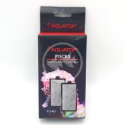 The AQUATOP FILTER CARTRIDGE PISCES PCS-RCI 2 PK features images of two filters against a sleek black design with bold red text, subtly highlighting a seahorse motif. This package ensures excellent aquatic care for your filtration needs.