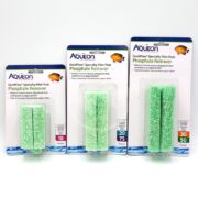 Three packages of AQUEON PHOSPHATE SPECIALTY FILTER PADS 4 COUNT for QuietFlow, shown in ascending sizes from left to right. Each has green filter pads with aquatic-themed graphics.