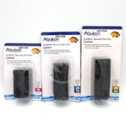 Aqueon Carbon Specialty Filter Pads, available in three sizes for 10, 20/75, and 30/50-gallon tanks, feature a fish graphic on the packaging and highlight enhanced filtration benefits.