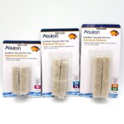 Three packages of AQUEON AMMONIA SPECIALTY FILTER PADS, labeled Ammonia Reducer for 10, 20-75, and 30-50 gallon aquariums, are shown. Each package includes four beige-textured pads to improve water quality.