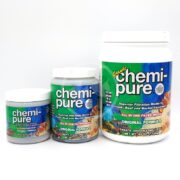 Three CHEMI-PURE filter media containers for aquariums are available in various sizes, each with vibrant aquatic-themed labels declaring Superior Filtration Media for Fresh, Reef, and Marine Aquariums. The largest container is labeled grande.