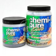 Two containers of CHEMI-PURE ELITE filtration media, treating 50 and 75 gallons respectively, feature a Phosphate Removal Formula with elegant fish and coral images, emphasizing its effectiveness in maintaining vibrant aquatic life.