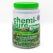 The CHEMI-PURE GREEN 11 OZ container has a green lid and contains filter media ideal for aquariums. It includes activated carbon and ion-exchange resins, making it perfect for freshwater and planted tanks, treating up to 75 gallons effectively.