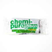 The CHEMI-PURE GREEN NANO 22 GM package features premium activated carbon and high-grade ion-exchange resins, presented in a sleek white design with vivid green and yellow text.