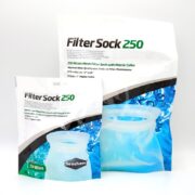 Two SEACHEM FILTER SOCK 250 MICRON packages are shown, with the smaller one in front. Each features a blue filter sock surrounded by water bubbles and highlights like 250 Micron filtration and a durable plastic collar.