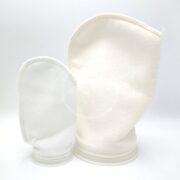 Two white, cylindrical filter socks labeled 200 Micron Felt Filter Sock, come in different sizes. They stand upright against a plain white background, featuring a smooth texture with slightly rounded tops and open bottoms.