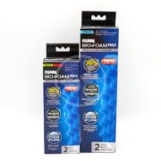 The FLUVAL BIO-FOAM MAX 2 PACK contains two blue boxes of high-quality aquarium filter media with 30% more surface area for improved waste capture, featuring informative text and graphics on the packaging.