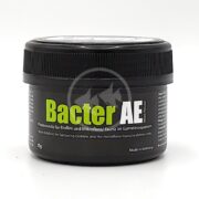 A black tub labeled GLAS GARTEN BACTER AE 35 GM for aquatic use sits against a white background. Its intended for supporting biofilm and microflora/fauna in shrimp tanks and is made in Germany.