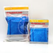 Two packages of MARINELAND POWER FILTER CARTRIDGES are shown: a 3-count on the left and a 6-count on the right, both featuring white designs with blue filter pads visible and highlighted Marineland branding in red and yellow.