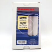 The image shows a MARINELAND MICRON CARTRIDGE box for canister filters, featuring the cartridge image and compatible filter types: Magnum, Magnum Polishing Internal, and Water Polishing Filter.