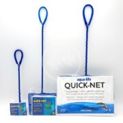 Three PP QUICK-NET fish nets with blue handles, sizes 2-inch, 5-inch, and 10-inch, are shown on a white background. The packaging highlights their design for fast and safe capture of aquatic life.