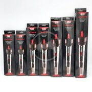 Rows of AQUATOP GLASS AQUARIUM HEATER boxes, offering wattages from 50 to 300, display a sleek black and red heater illustration on a plain background.