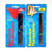 Two packaged STICK-ON THERMOMETERS labeled as Accurate, Easy to Read, and Mounts on the outside of your aquarium. One package shows a red betta fish and the other a striped angelfish. Both thermometers display temperature readings.
