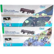 Two boxes of OASE VITRONIC UV Clarifiers are stacked: the top contains an 18 Watt model, and the bottom features a 36 Watt version. Both packages display vibrant images of the product with serene water garden scenes, highlighting their aquatic enhancement purpose.