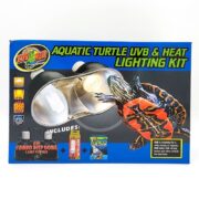 The ZOO MED UVB HEAT LIGHTING KIT includes a turtle and lamps showcasing its combo deep dome fixture and ReptiSun bulb, ensuring your turtles receive vital UVB lighting for optimal health.