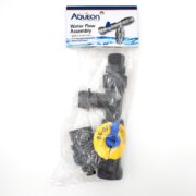 The Aqueon water flow assembly comes in plastic packaging with black fittings and a yellow ON-OFF CONTROL label. The header displays the brand name, AQUEON WATER FLOW ASSEMBLY, along with a description and an image of the assembly.
