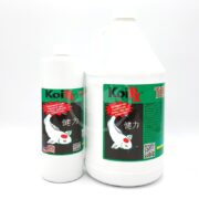 Two white AQUA MEDS KOI RX TERMINATE bottles, featuring a koi fish design and red starburst, address koi health. The set includes one small and one large bottle for versatile pond care.