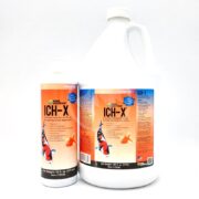 Two containers of HIKARI ICH-X POND, a fish disease treatment, are displayed. The smaller is 16 fl oz and the larger 128 fl oz; both have images of fish with vibrant orange and blue labels.