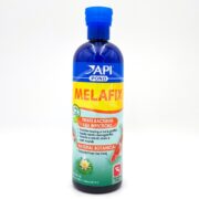 The API POND MELAFIX 16 OZ bottle features a label with a blue top and vivid yellow-orange section detailing its use as a natural botanical fish infection treatment, promoting healing for koi and goldfish to ensure their health and vitality.