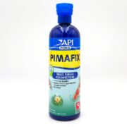 The 16 oz API POND PIMAFIX bottle treats fungal infections effectively. It features a blue and yellow label with koi fish, a water lily, and a blue cap, perfect for koi and goldfish care.